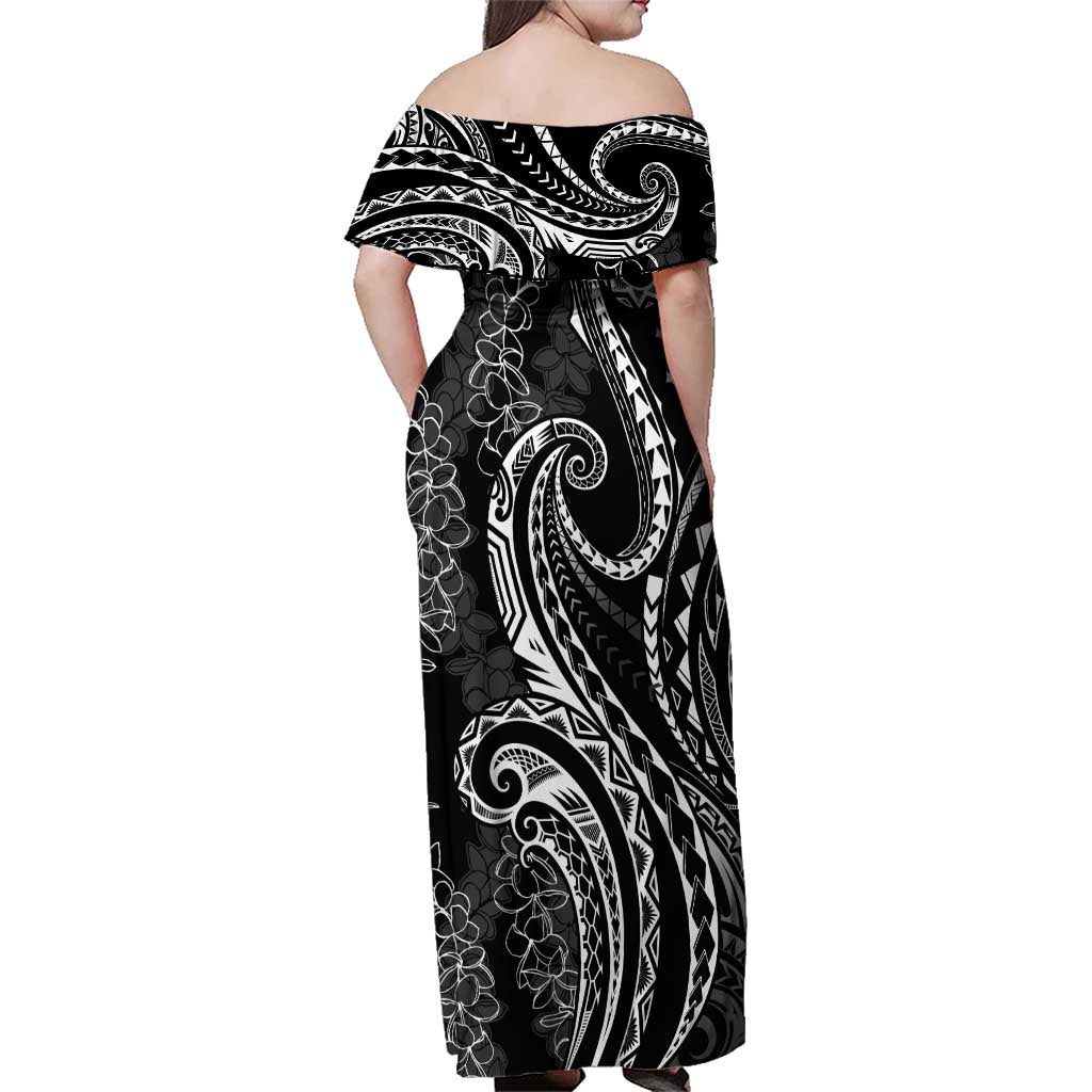 Polynesia Plumeria Lei Family Matching Off Shoulder Maxi Dress and Hawaiian Shirt Black Curves Motif