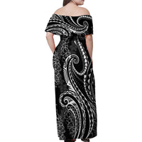Polynesia Plumeria Lei Family Matching Off Shoulder Maxi Dress and Hawaiian Shirt Black Curves Motif