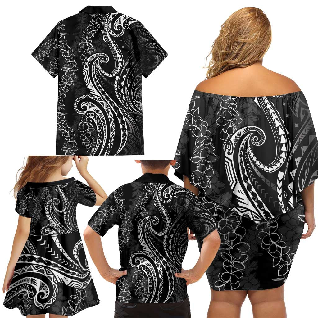Polynesia Plumeria Lei Family Matching Off Shoulder Short Dress and Hawaiian Shirt Black Curves Motif