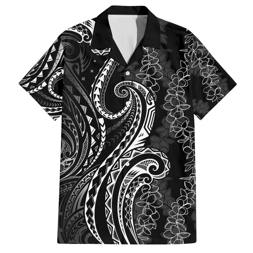 Polynesia Plumeria Lei Family Matching Off Shoulder Short Dress and Hawaiian Shirt Black Curves Motif