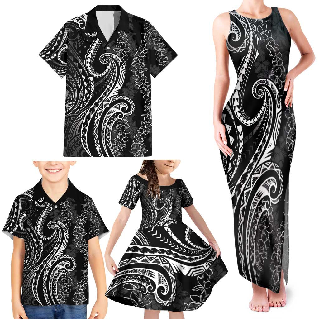 Polynesia Plumeria Lei Family Matching Tank Maxi Dress and Hawaiian Shirt Black Curves Motif