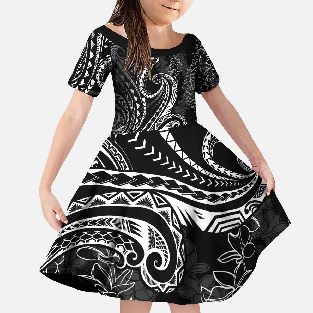 Polynesia Plumeria Lei Kid Short Sleeve Dress Black Curves Motif LT7 KID Black - Polynesian Pride