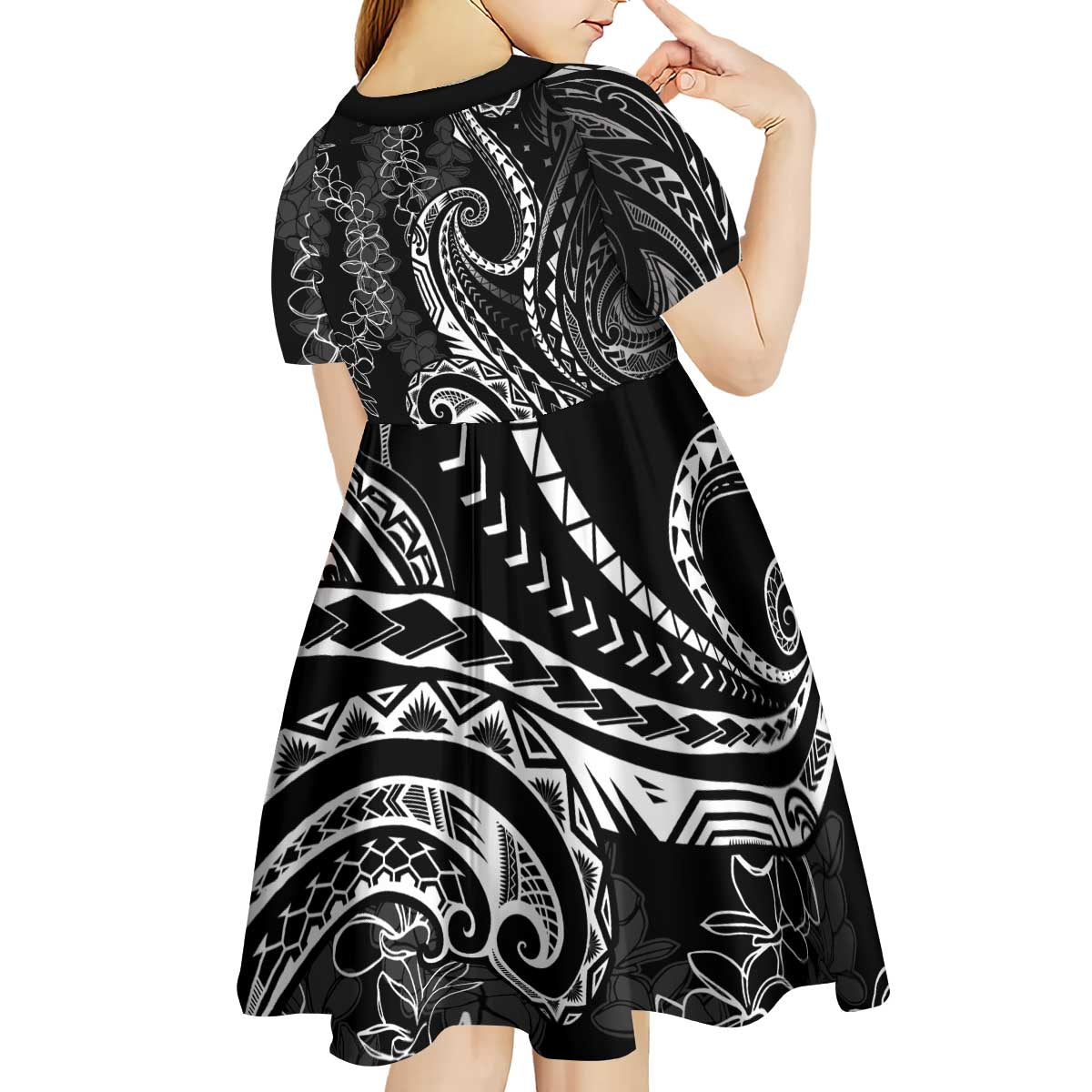 Polynesia Plumeria Lei Kid Short Sleeve Dress Black Curves Motif LT7 - Polynesian Pride