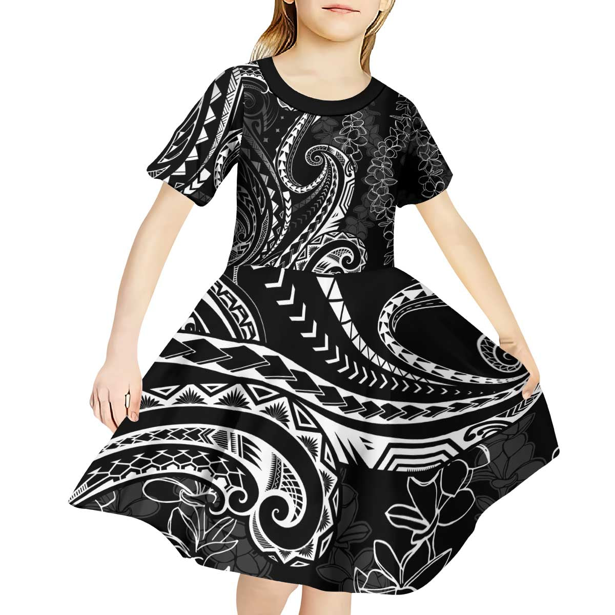 Polynesia Plumeria Lei Kid Short Sleeve Dress Black Curves Motif LT7 - Polynesian Pride