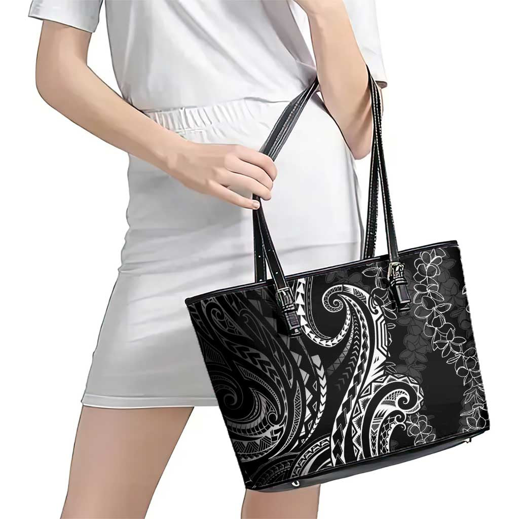 Polynesia Plumeria Lei Leather Tote Bag Black Curves Motif