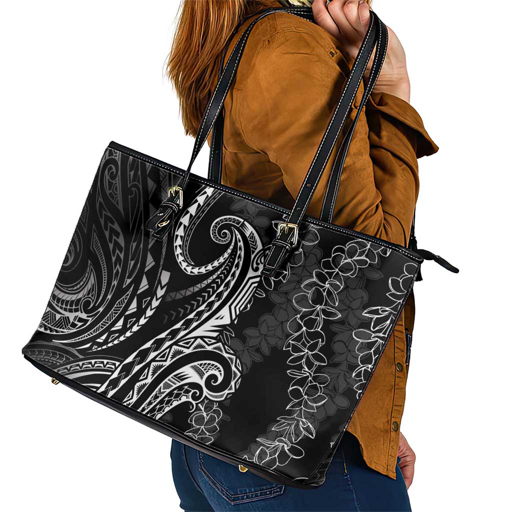 Polynesia Plumeria Lei Leather Tote Bag Black Curves Motif