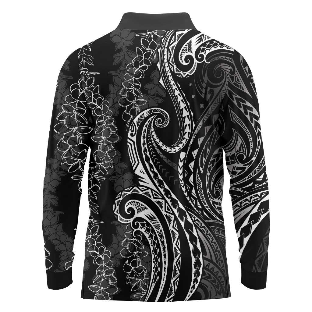 Polynesia Plumeria Lei Long Sleeve Polo Shirt Black Curves Motif LT7 - Polynesian Pride