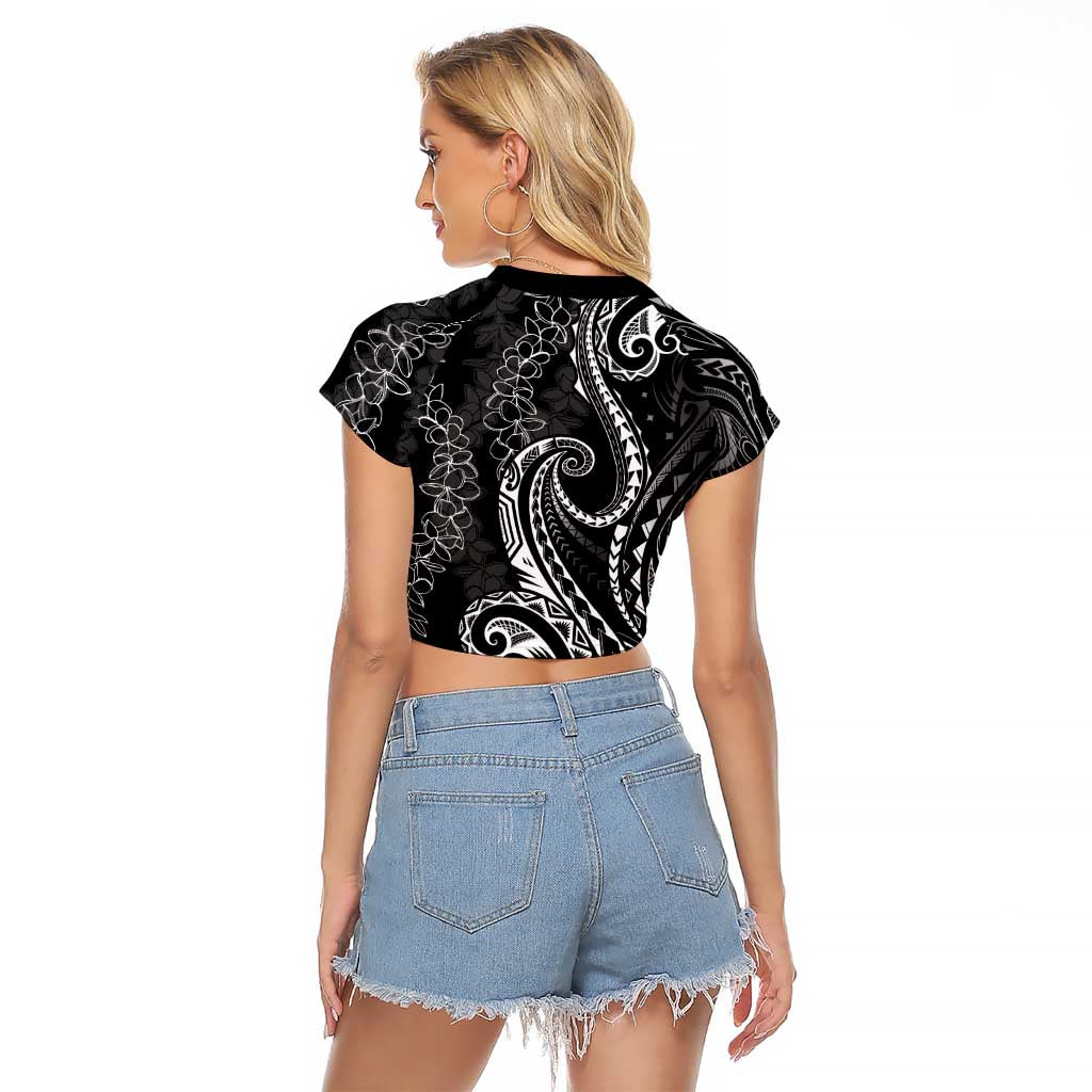 Polynesia Plumeria Lei Raglan Cropped T Shirt Black Curves Motif LT7 - Polynesian Pride