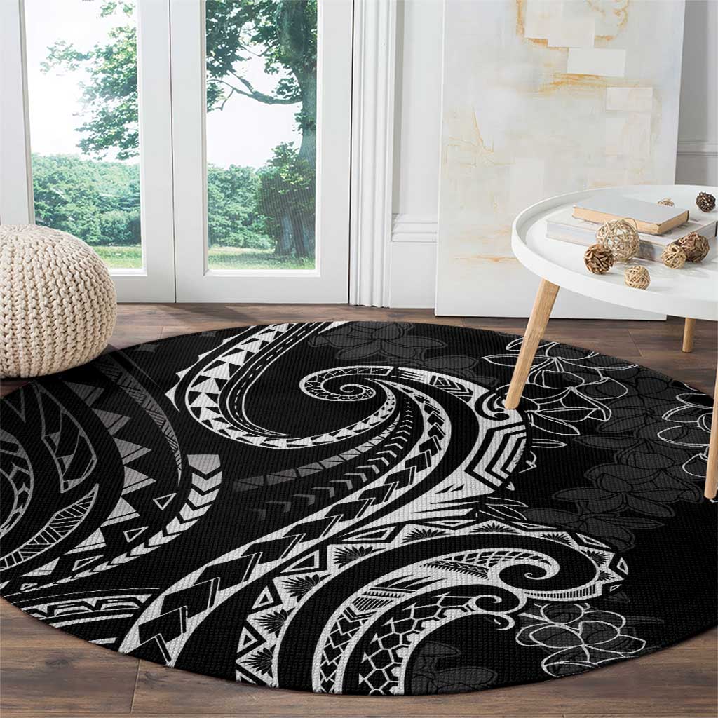 Polynesia Plumeria Lei Round Carpet Black Curves Motif