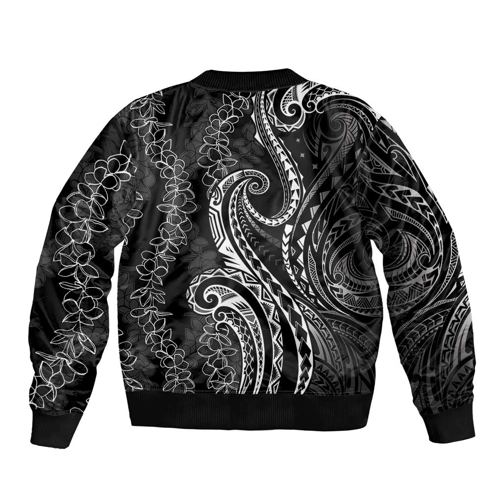 Polynesia Plumeria Lei Sleeve Zip Bomber Jacket Black Curves Motif