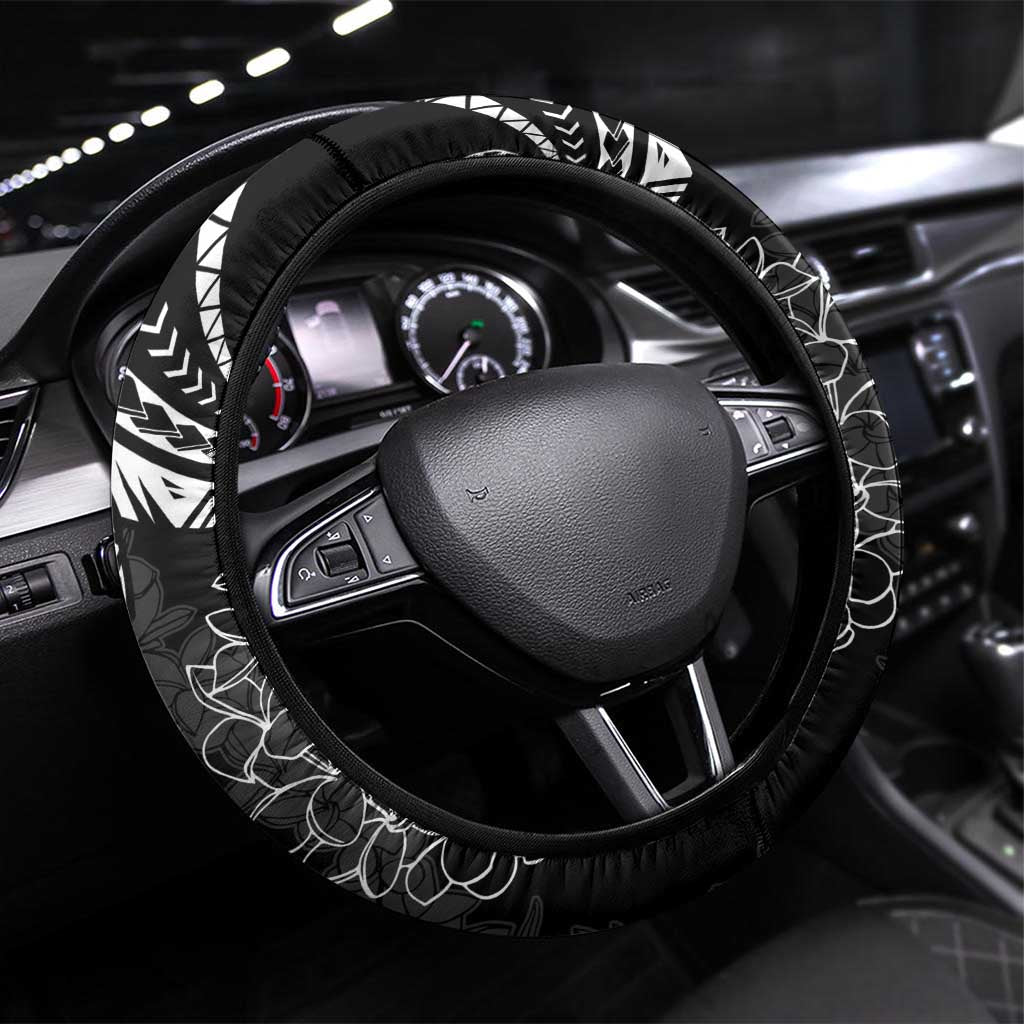 Polynesia Plumeria Lei Steering Wheel Cover Black Curves Motif