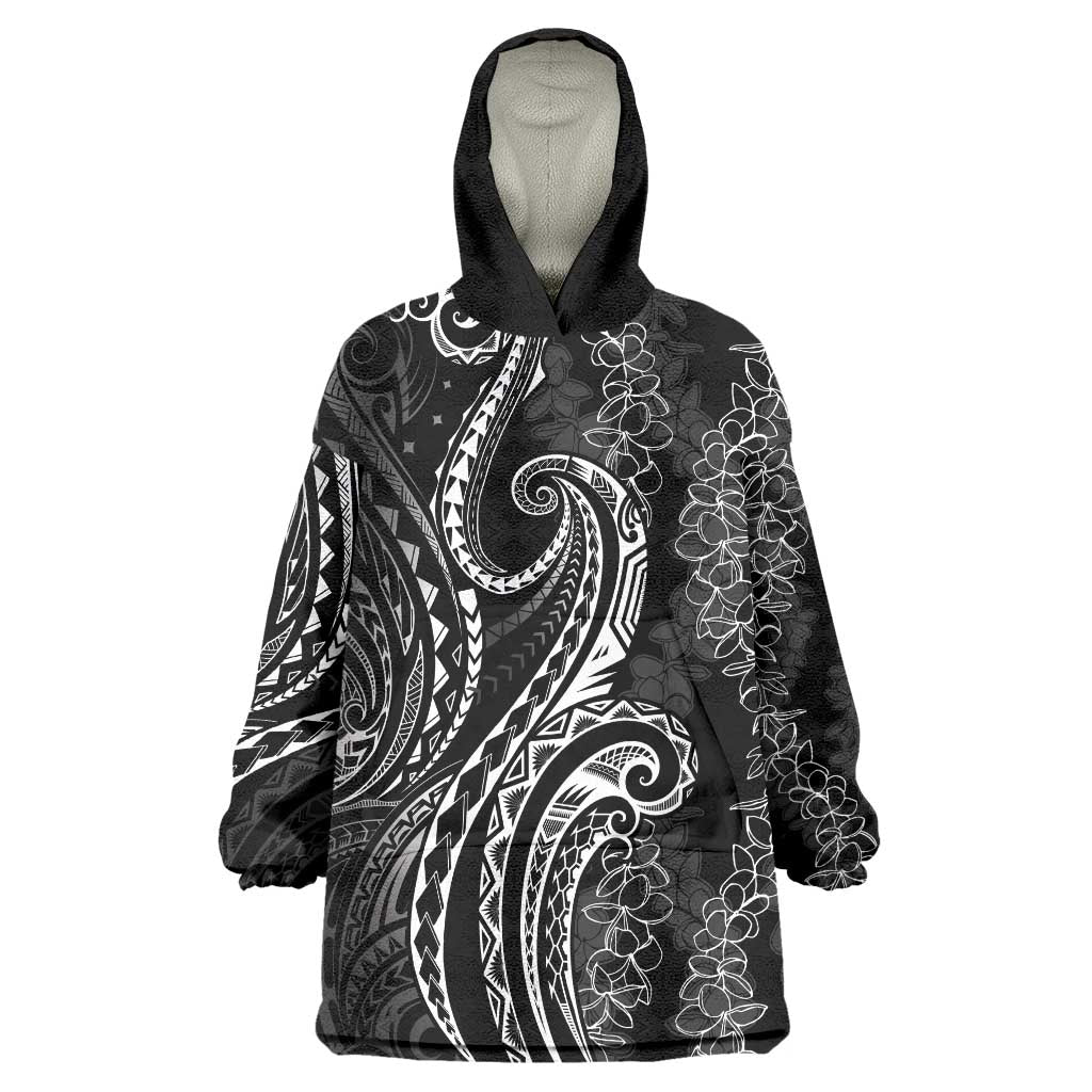 Polynesia Plumeria Lei Wearable Blanket Hoodie Black Curves Motif