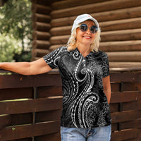 Polynesia Plumeria Lei Women Polo Shirt Black Curves Motif