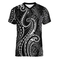 Polynesia Plumeria Lei Women V-Neck T-Shirt Black Curves Motif LT7 Female Black - Polynesian Pride