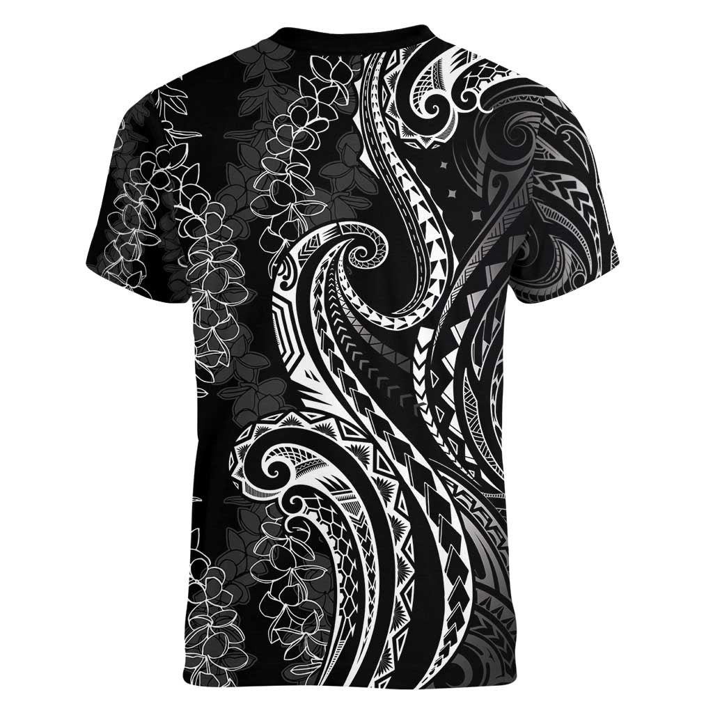 Polynesia Plumeria Lei Women V-Neck T-Shirt Black Curves Motif LT7 - Polynesian Pride