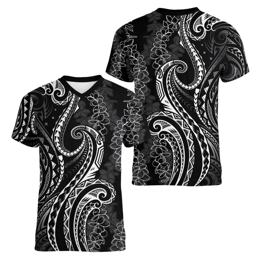 Polynesia Plumeria Lei Women V-Neck T-Shirt Black Curves Motif LT7 - Polynesian Pride