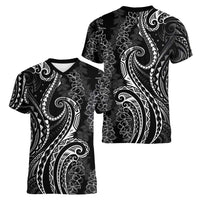 Polynesia Plumeria Lei Women V-Neck T-Shirt Black Curves Motif LT7 - Polynesian Pride