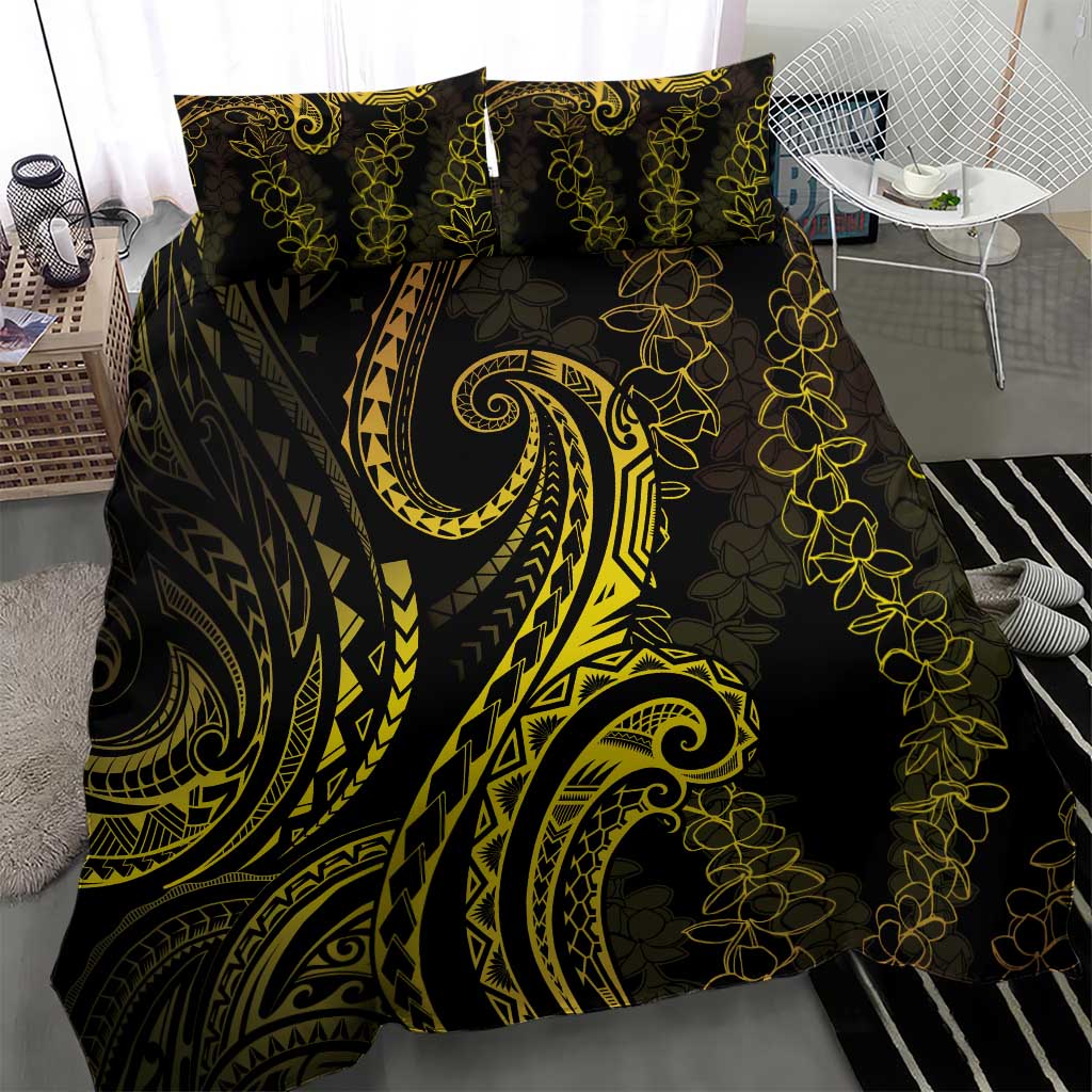 Polynesia Plumeria Lei Bedding Set Black Gold Curves Motif