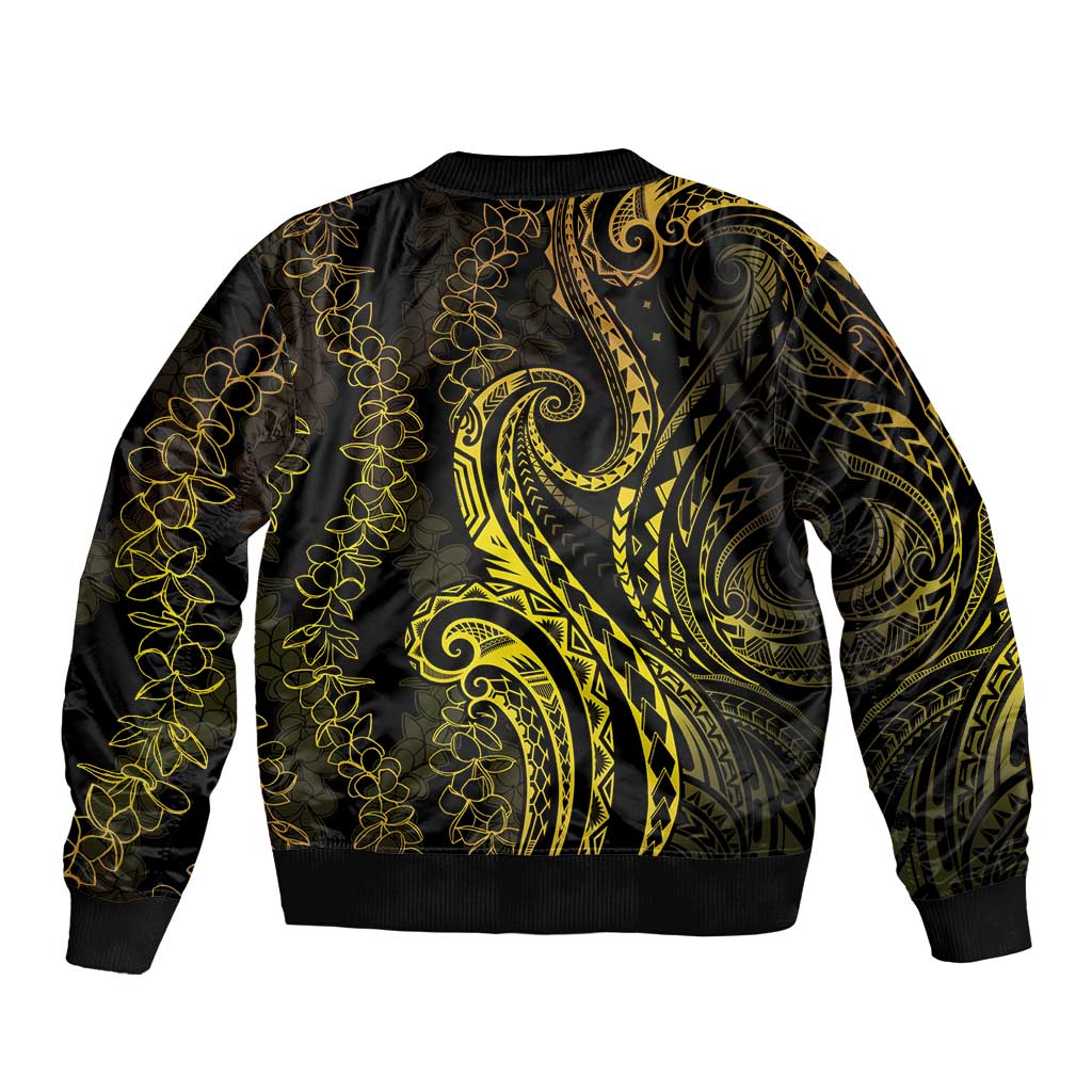 Polynesia Plumeria Lei Bomber Jacket Black Gold Curves Motif