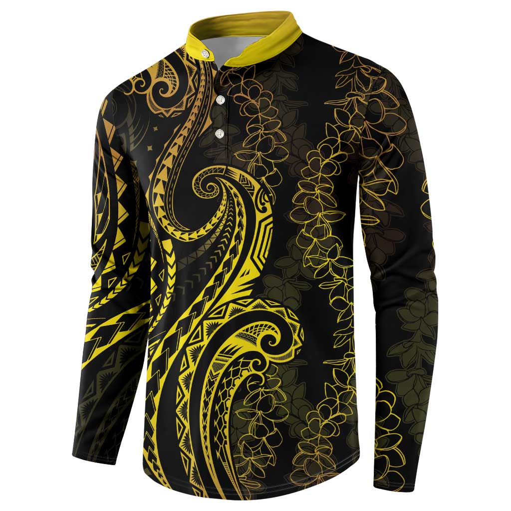 Polynesia Plumeria Lei Button Sweatshirt Black Gold Curves Motif