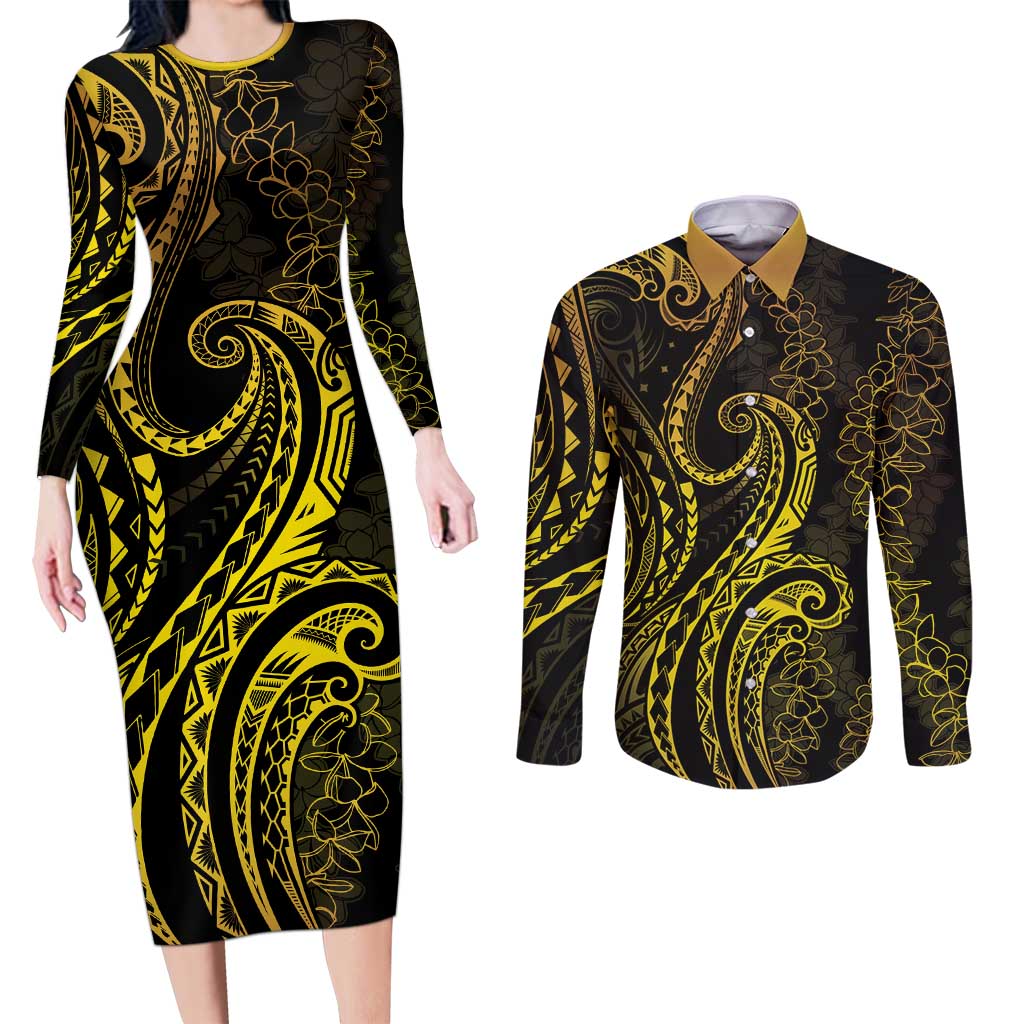 Polynesia Plumeria Lei Couples Matching Long Sleeve Bodycon Dress and Long Sleeve Button Shirt Black Gold Curves Motif