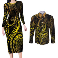 Polynesia Plumeria Lei Couples Matching Long Sleeve Bodycon Dress and Long Sleeve Button Shirt Black Gold Curves Motif