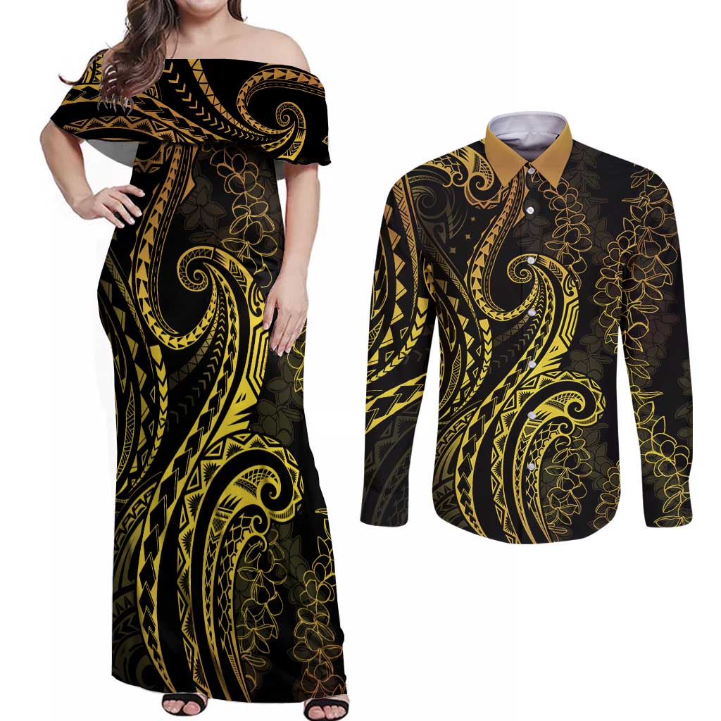 Polynesia Plumeria Lei Couples Matching Off Shoulder Maxi Dress and Long Sleeve Button Shirt Black Gold Curves Motif