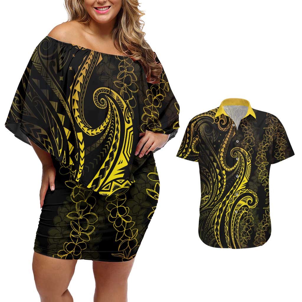 Polynesia Plumeria Lei Couples Matching Off Shoulder Short Dress and Hawaiian Shirt Black Gold Curves Motif
