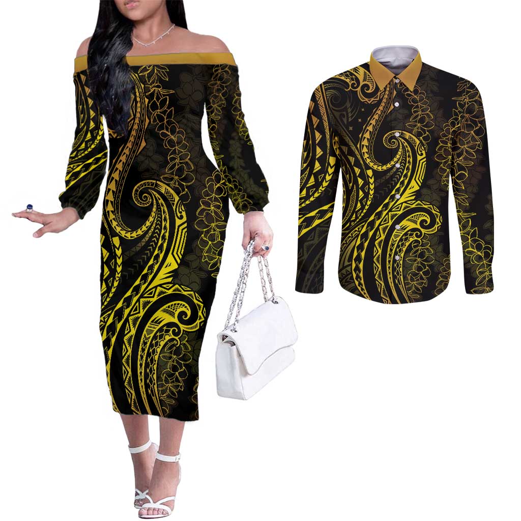 Polynesia Plumeria Lei Couples Matching Off The Shoulder Long Sleeve Dress and Long Sleeve Button Shirt Black Gold Curves Motif