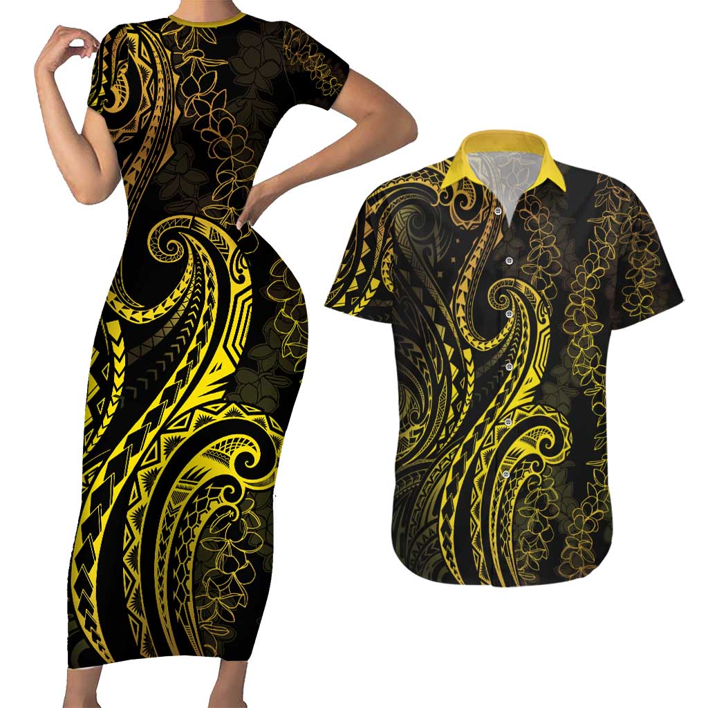Polynesia Plumeria Lei Couples Matching Short Sleeve Bodycon Dress and Hawaiian Shirt Black Gold Curves Motif