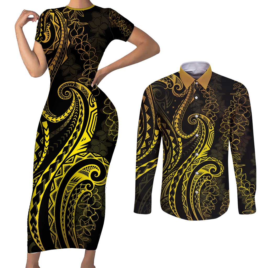 Polynesia Plumeria Lei Couples Matching Short Sleeve Bodycon Dress and Long Sleeve Button Shirt Black Gold Curves Motif LT7 Gold - Polynesian Pride