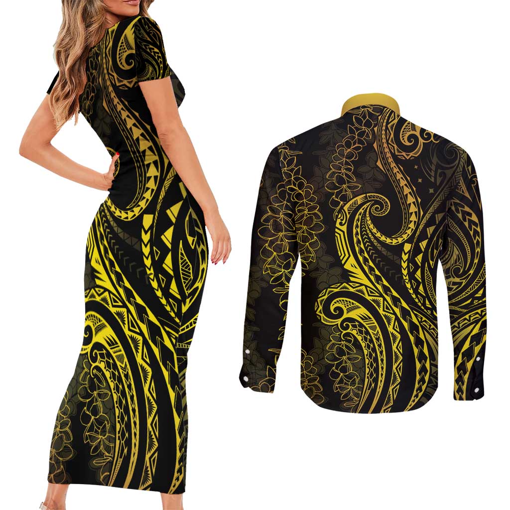 Polynesia Plumeria Lei Couples Matching Short Sleeve Bodycon Dress and Long Sleeve Button Shirt Black Gold Curves Motif LT7 - Polynesian Pride