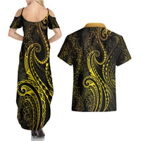 Polynesia Plumeria Lei Couples Matching Summer Maxi Dress and Hawaiian Shirt Black Gold Curves Motif