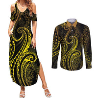 Polynesia Plumeria Lei Couples Matching Summer Maxi Dress and Long Sleeve Button Shirt Black Gold Curves Motif