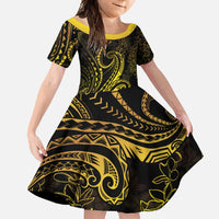Polynesia Plumeria Lei Family Matching Long Sleeve Bodycon Dress and Hawaiian Shirt Black Gold Curves Motif