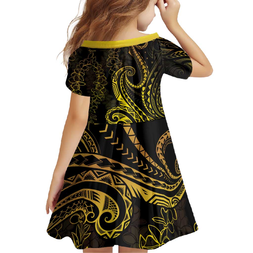 Polynesia Plumeria Lei Family Matching Long Sleeve Bodycon Dress and Hawaiian Shirt Black Gold Curves Motif
