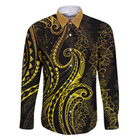 Polynesia Plumeria Lei Family Matching Long Sleeve Bodycon Dress and Hawaiian Shirt Black Gold Curves Motif
