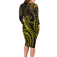 Polynesia Plumeria Lei Family Matching Long Sleeve Bodycon Dress and Hawaiian Shirt Black Gold Curves Motif