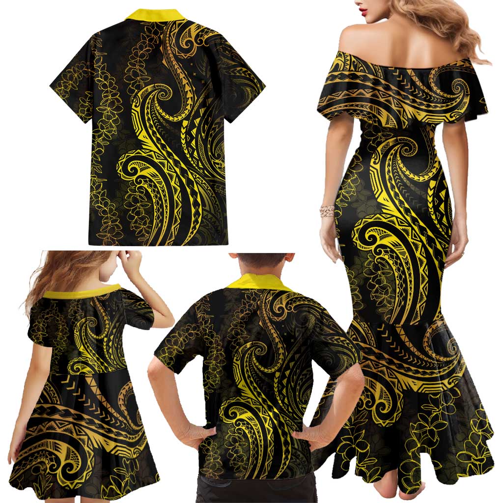 Polynesia Plumeria Lei Family Matching Mermaid Dress and Hawaiian Shirt Black Gold Curves Motif