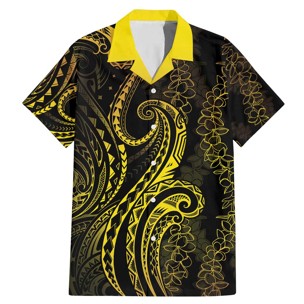 Polynesia Plumeria Lei Family Matching Mermaid Dress and Hawaiian Shirt Black Gold Curves Motif