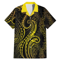 Polynesia Plumeria Lei Family Matching Mermaid Dress and Hawaiian Shirt Black Gold Curves Motif