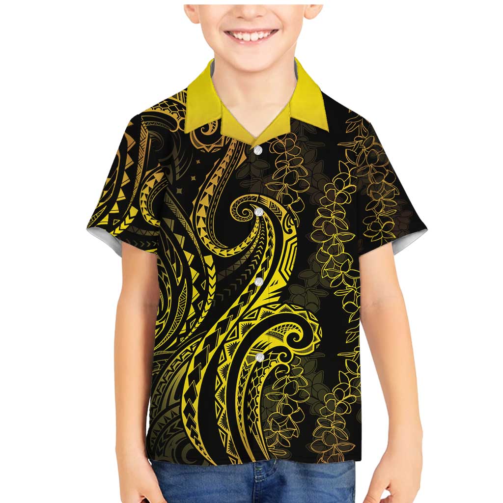 Polynesia Plumeria Lei Family Matching Mermaid Dress and Hawaiian Shirt Black Gold Curves Motif
