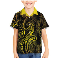 Polynesia Plumeria Lei Family Matching Mermaid Dress and Hawaiian Shirt Black Gold Curves Motif