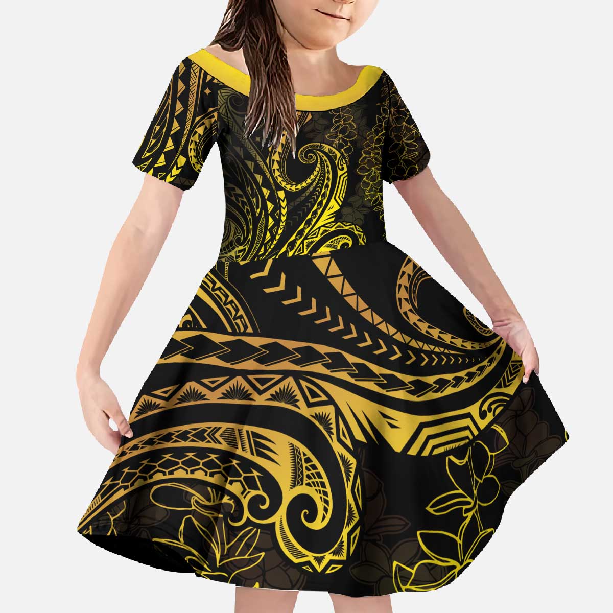 Polynesia Plumeria Lei Family Matching Off The Shoulder Long Sleeve Dress and Hawaiian Shirt Black Gold Curves Motif