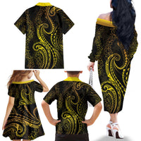 Polynesia Plumeria Lei Family Matching Off The Shoulder Long Sleeve Dress and Hawaiian Shirt Black Gold Curves Motif