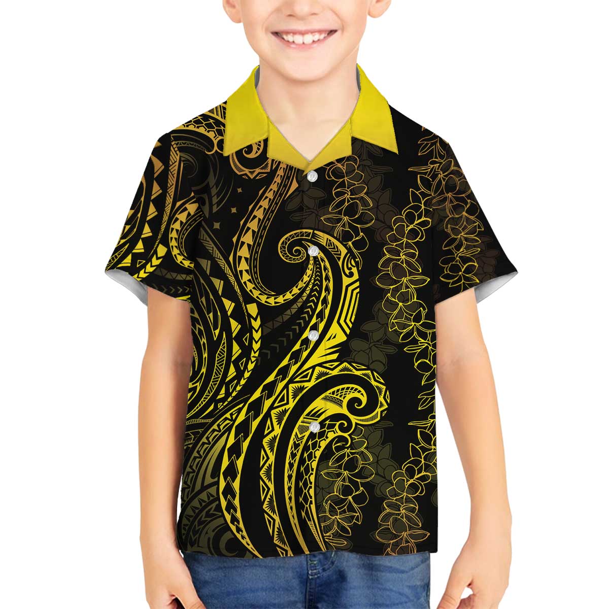 Polynesia Plumeria Lei Family Matching Off The Shoulder Long Sleeve Dress and Hawaiian Shirt Black Gold Curves Motif