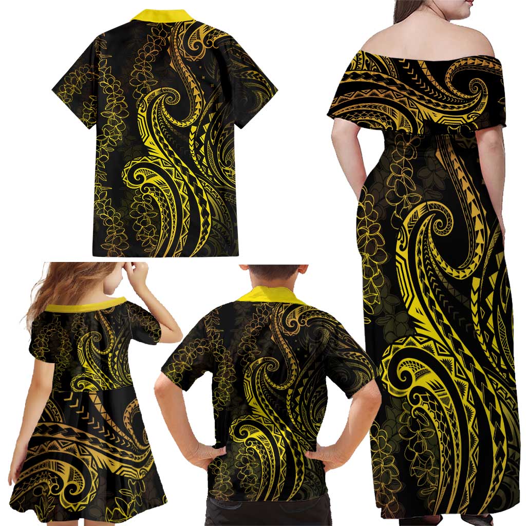 Polynesia Plumeria Lei Family Matching Off Shoulder Maxi Dress and Hawaiian Shirt Black Gold Curves Motif