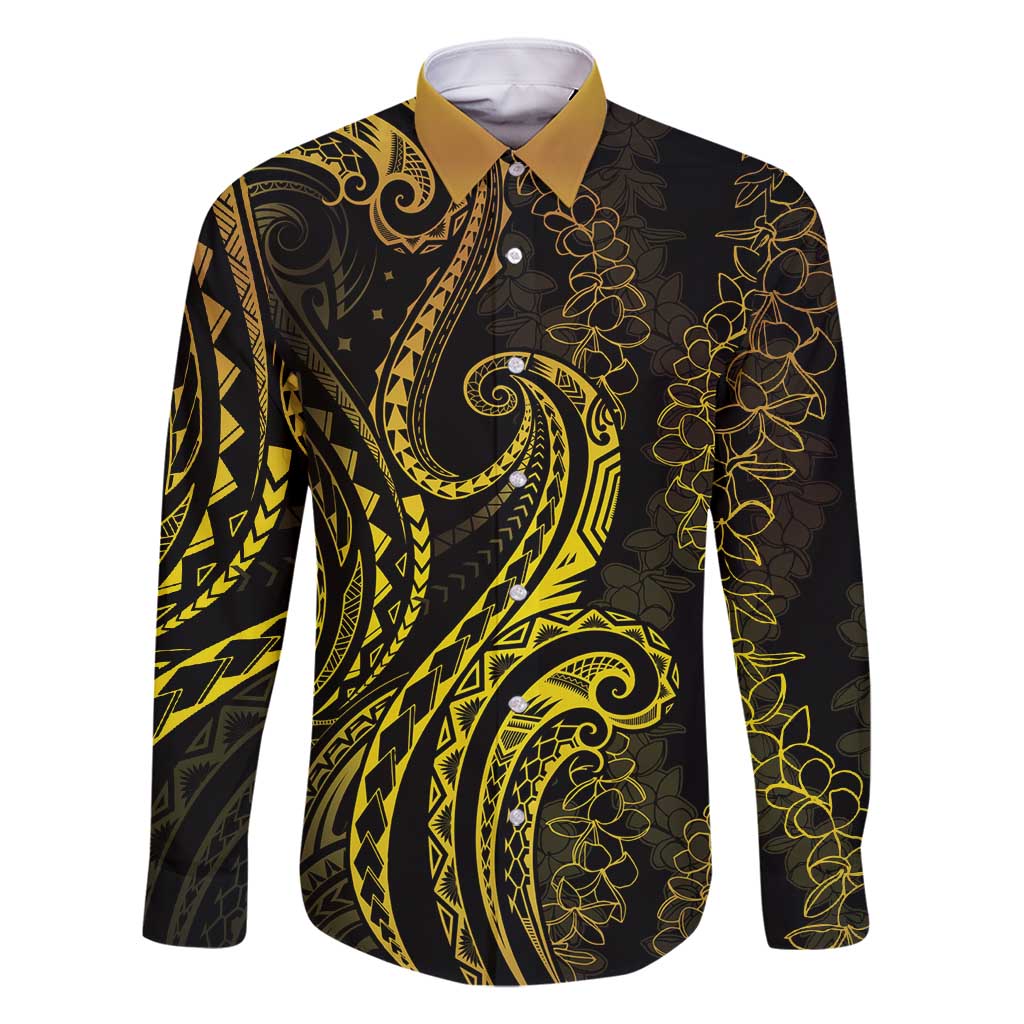 Polynesia Plumeria Lei Family Matching Off Shoulder Maxi Dress and Hawaiian Shirt Black Gold Curves Motif