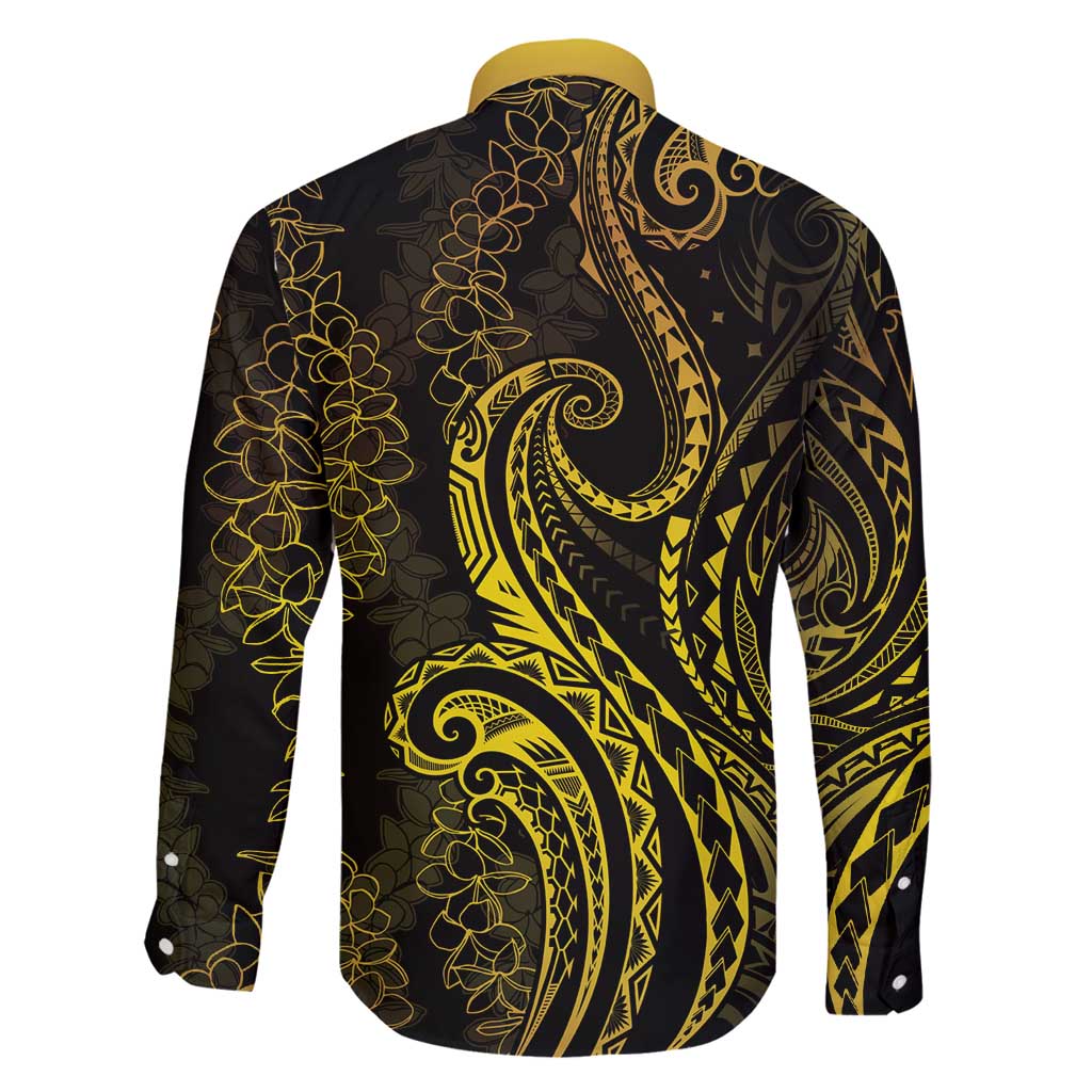 Polynesia Plumeria Lei Family Matching Off Shoulder Maxi Dress and Hawaiian Shirt Black Gold Curves Motif