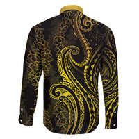 Polynesia Plumeria Lei Family Matching Off Shoulder Maxi Dress and Hawaiian Shirt Black Gold Curves Motif